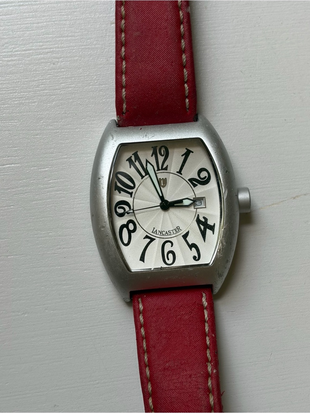 Lancaster Silver Tonneau 40mm Watch with Red Leather Strap 0206 *Working